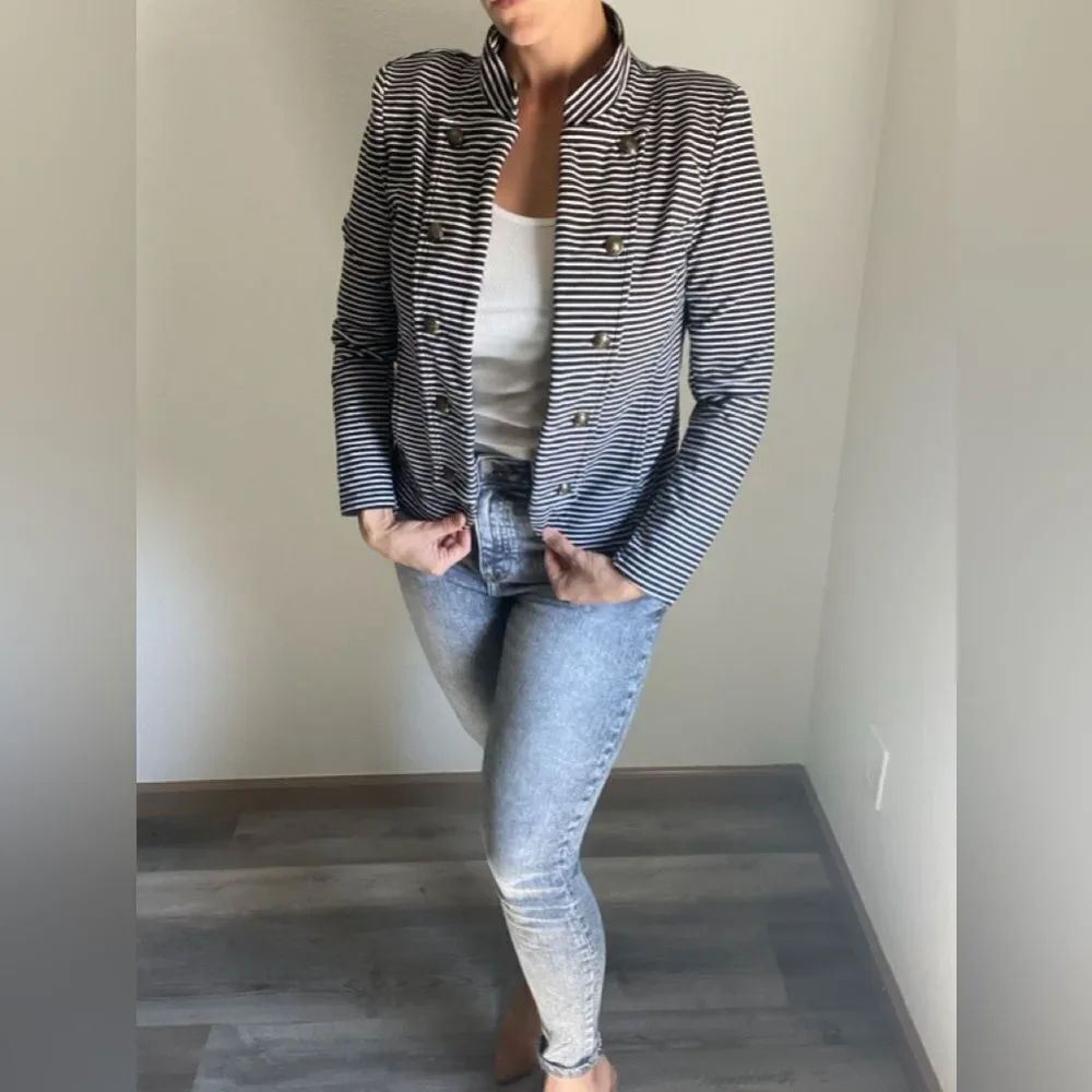 Tommy Hilfiger Stripe Puff Sleeve Jacket Large With Pockets Navy - Picture 3 of 13